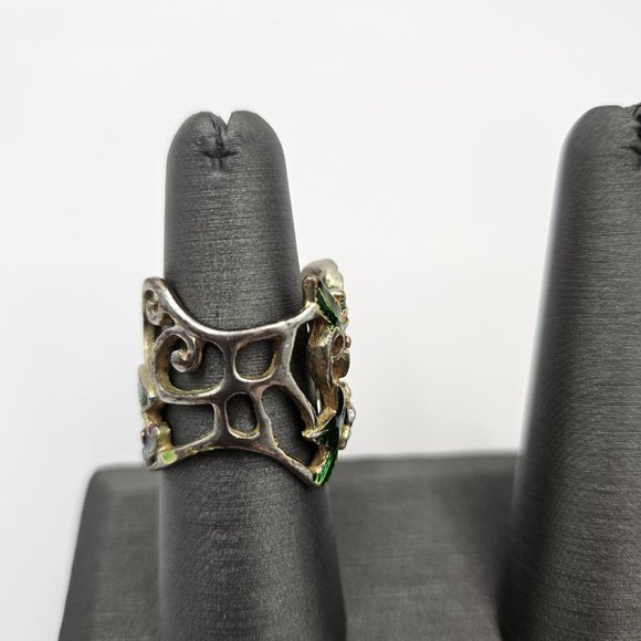 Vintage flower, butterfly and rhinestone ring - Picture 3 of 12